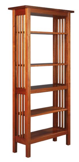 Crofters Bookcase in Mahogany with open back and slats in the sides, available in various sizes, made by hand with solid wood