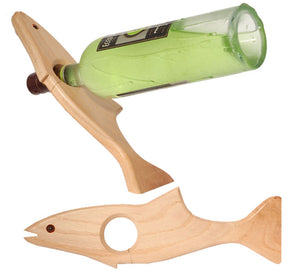 The Magic Salmon Wine Bottle Holder displays a balancing bottle, is a unique kitchen accessory or gift handmade in Virginia