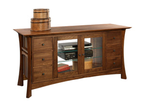 Waterfall TV Console features an Asian Arts & Crafts influenced home or office furniture handmade by Hardwood Artisans in VA