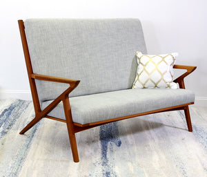 Holloway Loveseat shown in Cherry with danish oil finish. Tall back and mid-century modern design making an inviting place to sit. located in Culpeper, Virginia