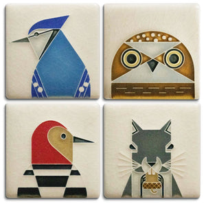 Motawi Art Tiles Blue Jay, Owlet, Woodpecker, and Squirrel made in U.S.A. at Hardwood Artisans in Culpeper, Virginia