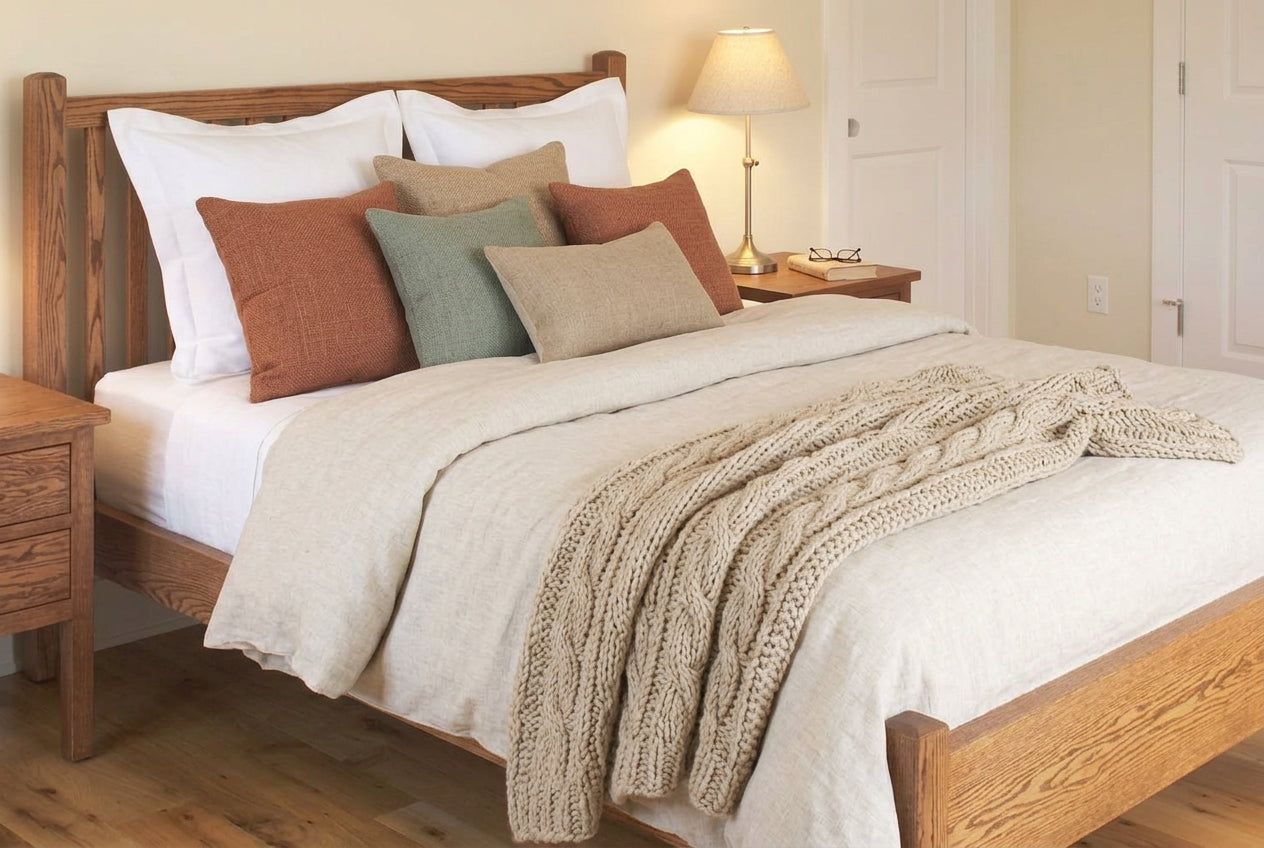 A cherry wooden Craftsman-style bed frame with vertical slat headboard and footboard, dressed in white bedding and pillows. A matching cherry wood nightstand with a book and reading glasses with golf base table lamp sits to the right against a plain white background.