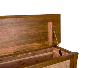 Waterfall Bench in Mahogany with Curly Maple Panels is a custom bedroom furniture chest Made in Virginia by Hardwood Artisans