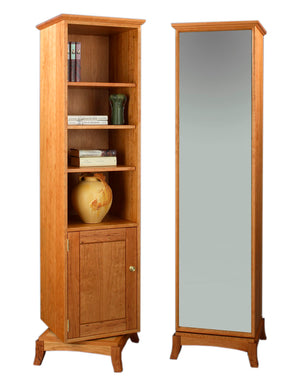 Sartia Swivel Bookcase in Natural Cherry showing storage & mirror sides, is a custom generational living area furniture piece