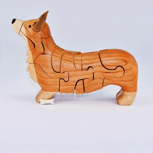 Chapman Puzzle Pembroke Welsh Corgi in Cherry and Maple made in USA at Hardwood Artisans in Bethesda, Maryland