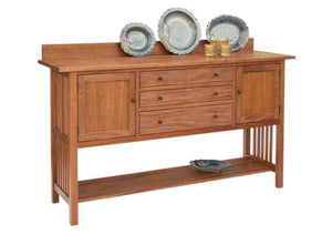Craftsman Huntboard displays an Arts & Crafts Period panel design, 2 cupboards, 3 drawers, a lower shelf and slatted sides
