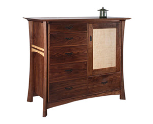 Custom Waterfall Shogun Chest in Walnut with Curly Maple Accents showing bedroom closet item handmade by Hardwood Artisans