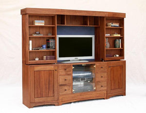 Artisan Entertainment Library in Mahogany, customized entertainment center, displays flat-screen TV with Sliding bookcases