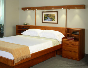Platform Pedestal Bed with Slope Headboard, Nightstands, and Lightbridge in Cherry hardwood bedroom furniture Made in America