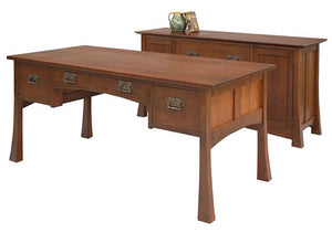 Glasgow Credenza shown behind Glasgow Desk in Cherry w/ Mahogany Wash for business / home office furniture made near Leesburg