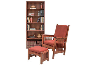 Parlor Chair and Footstool in 1/4-sawn White Oak w/ English Oak finish shown w/ Basic Bookcase in Walnut by Hardwood Artisans