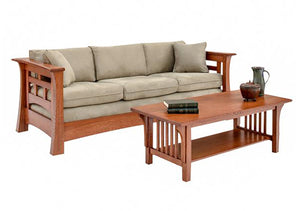 Mackintosh Sofa shown w/ Crofters Coffee Table in 1/4-Sawn White Oak w/ English Oak Stain furniture by Hardwood Artisans