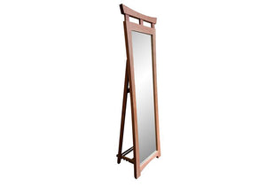 Waterfall Cheval Floor Mirror shows self-standing, Asian-influenced, full-length, hardwood, furniture w/ adjustable back leg