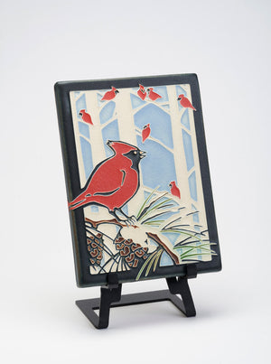 Motawi Art Tile Red Winter Cardinals made in USA at Hardwood Artisans in Arlington, Virginia