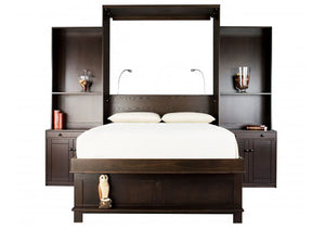 Sofa Wall Bed bedroom furniture unit includes nightstands, cabinet-bookcases, loveseat and cushions - Pull-Out Bed Displayed